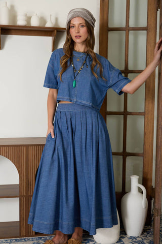 Short Sleeve Round Neck Cropped Denim Top-Denim-Blu Pepper-Spring Street Boutique, women's online fashion boutique in Palmer, Alaska