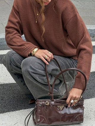 Crew Neck Ribbed Hem Sweater-Sweaters-Trendsi-Spring Street Boutique, women's online fashion boutique in Palmer, Alaska