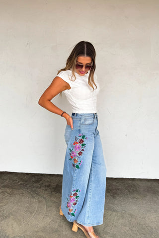 Floral Embroidered Jeans-Jeans-Blakely Designs-Spring Street Boutique, women's online fashion boutique in Palmer, Alaska