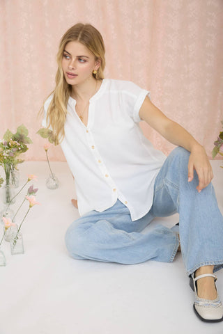 Cuffed Sleeve Button Down Blouse-Long Sleeves-Blu Pepper-Spring Street Boutique, women's online fashion boutique in Palmer, Alaska