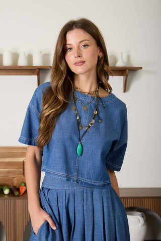 Short Sleeve Round Neck Cropped Denim Top-Denim-Blu Pepper-Spring Street Boutique, women's online fashion boutique in Palmer, Alaska